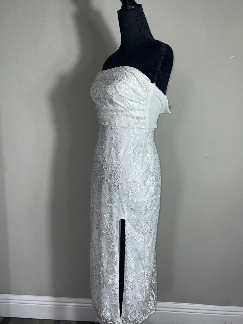 Lulu's White Strapless Lace Midi Dress with Side Slit - Picture 4 of 9